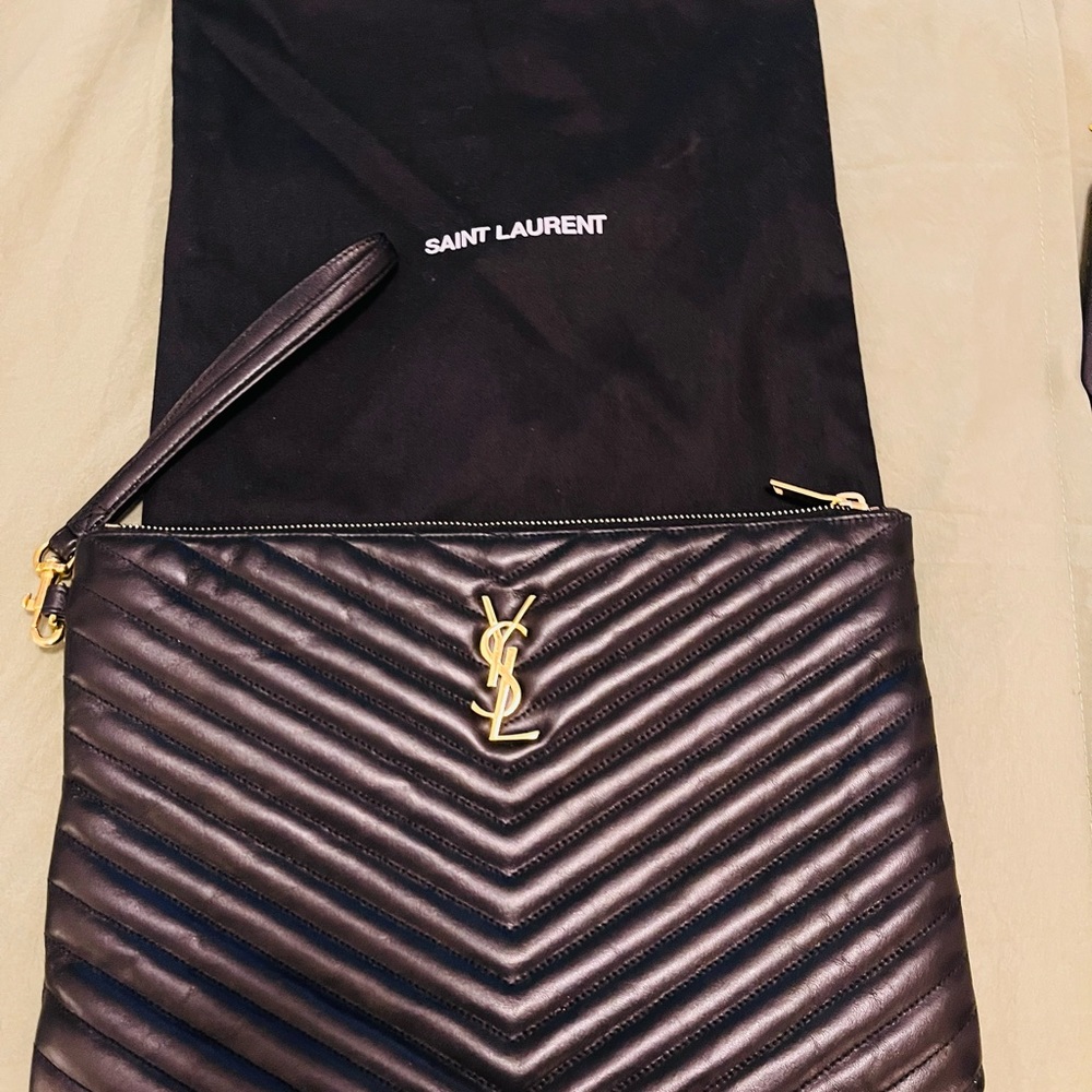 Authentic Yves Saint Laurent Classic Leather Clutch with travel bag